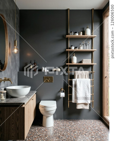 Modern rustic bathroom design with elegant storage and earthy tones 126006500