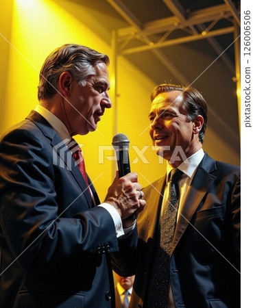 Professional business event networking in formal attire with engaging conversation atmosphere under warm lighting 126006506
