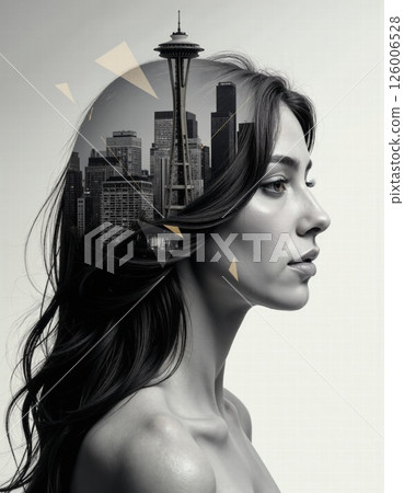 Urban dreamscape: surreal double exposure portrait with seattle skyline and thoughtful expression 126006528