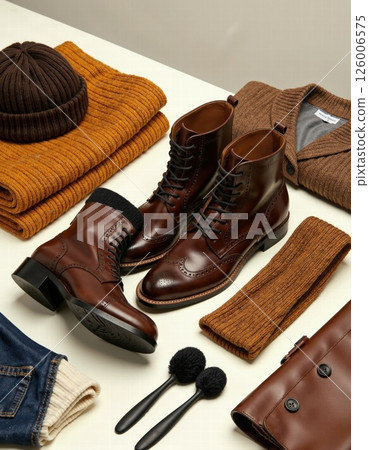 Autumn fashion ensemble with leather boots and cozy knitwear for stylish seasonal wardrobe inspiration 126006575