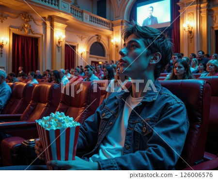 Captivated audience in vintage theater setting enjoying a movie night with popcorn and classic ambience 126006576