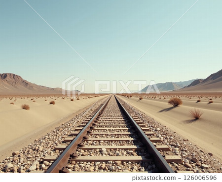 Endless desert railroad journey with expansive horizons and serene landscape for travel inspiration and adventure concepts Endless desert railroad journey with expansive horizons and serene landscape for travel inspiration and adventure concepts 126006596