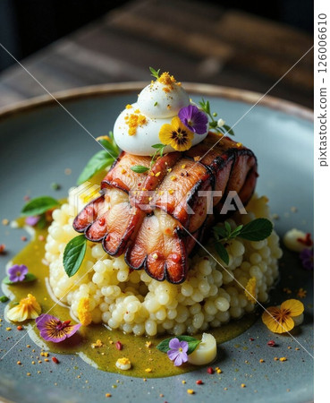 Gourmet lobster tail with couscous and edible flowers in elegant presentation for culinary experience 126006610