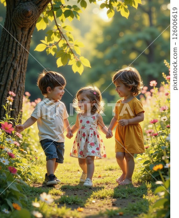 Joyful summer adventure of children in blooming garden under sunlight 126006619