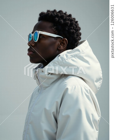 Modern urban style: trendy fashion with minimalist white jacket and blue sunglasses for cool casual look Modern urban style: trendy fashion with minimalist white jacket and blue sunglasses for cool casual look 126006631