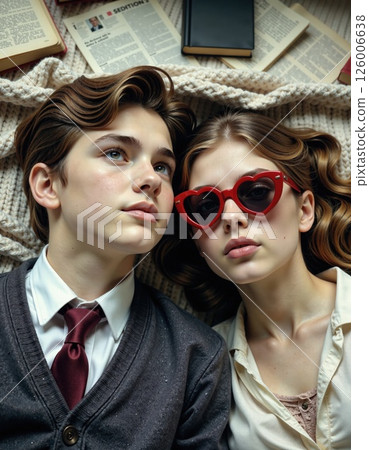 Retro inspired fashion with red heart sunglasses and vintage books for nostalgic lifestyle Retro inspired fashion with red heart sunglasses and vintage books for nostalgic lifestyle 126006638