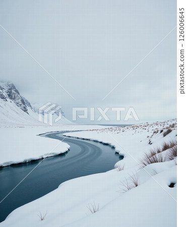 Serene winter landscape with snowy mountains and curving river for nature enthusiasts Serene winter landscape with snowy mountains and curving river for nature enthusiasts 126006645