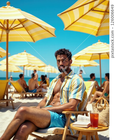 Summer beach relaxation with stylish umbrellas and refreshing drink 126006649