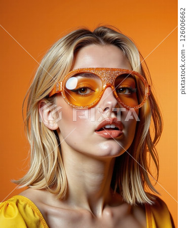 Vibrant fashion portrait with sparkling orange sunglasses and retro style on bold orange background 126006662