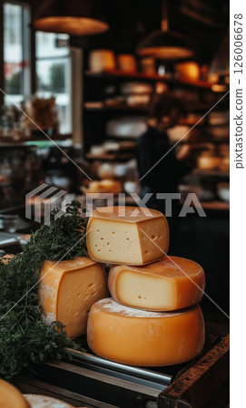 Various cheese wheels on wooden counter in restaurant with parsley garnish Various cheese wheels on wooden counter in restaurant with parsley garnish 126006678