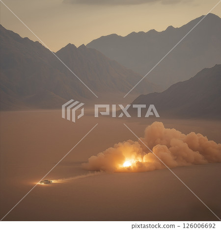 Military vehicle launching missile in desert during military tests Military vehicle launching missile in desert during military tests 126006692