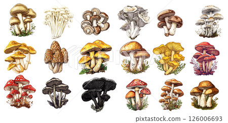 Set of colorful mushrooms growing on transparent background 126006693
