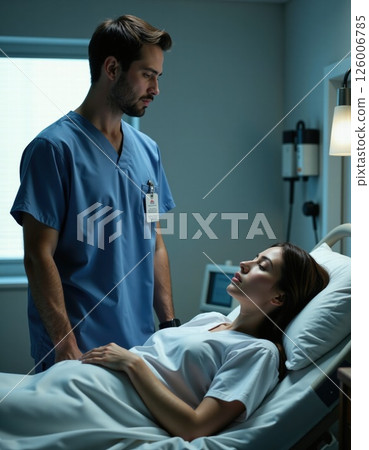 Compassionate hospital care scene with nurse and resting patient for health and wellness design 126006785