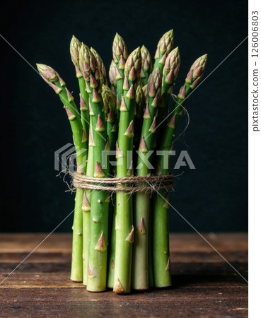 Fresh green asparagus bundle on rustic wooden table for farm-to-table culinary inspiration Fresh green asparagus bundle on rustic wooden table for farm-to-table culinary inspiration 126006803