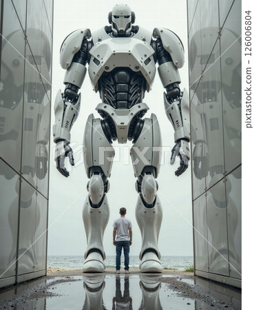 Futuristic encounter by the sea: giant robot towering over human on beach with reflective architecture Futuristic encounter by the sea: giant robot towering over human on beach with reflective architecture 126006804