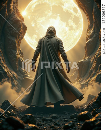 Mystical journey: hooded figure facing glowing full moon in enchanted cave 126006837