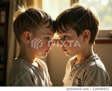 Tender sibling moment: twin boys sharing an intimate reflection in warm sunlight 126006852