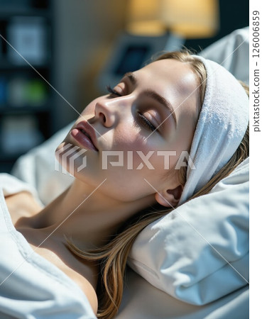 Tranquil spa serenity: relaxed woman resting in luxurious wellness retreat ambiance 126006859