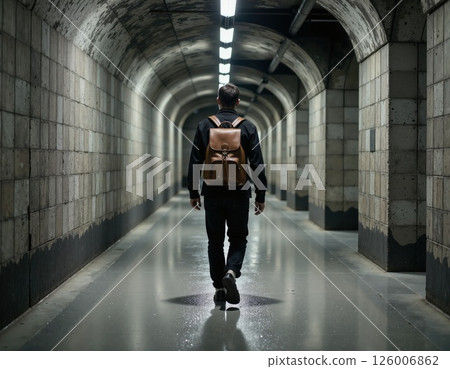 Urban exploration adventure: man in backpack walking through mysterious underground tunnel Urban exploration adventure: man in backpack walking through mysterious underground tunnel 126006862