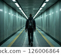 Urban journey: lone traveler walking through futuristic underground tunnel with fluorescent lighting 126006864