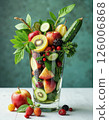Vibrant fresh fruit and vegetable arrangement in glass vase modern healthy lifestyle concept 126006868