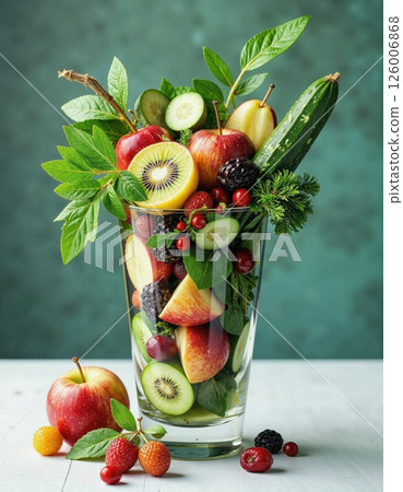 Vibrant fresh fruit and vegetable arrangement in glass vase modern healthy lifestyle concept 126006868