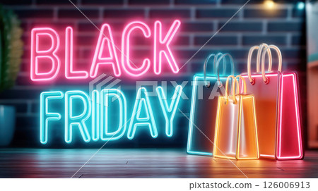 Neon sign displaying "Black Friday" with colorful shopping bags in foreground, creating a vibrant atmosphere for holiday shopping promotions and sales events 126006913