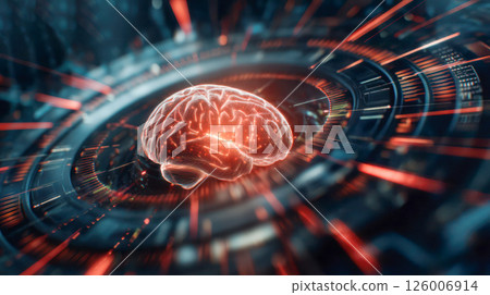 Futuristic digital brain illustration with glowing neural connections and abstract technology background, symbolizing advanced cognitive processes and artificial intelligence 126006914