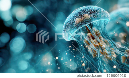Ethereal jellyfish gracefully gliding through vibrant blue waters, surrounded by shimmering bubbles and soft light, showcasing the beauty of marine life Ethereal jellyfish gracefully gliding through vibrant blue waters, surrounded by shimmering bubbles and soft light, showcasing the beauty of marine life 126006918
