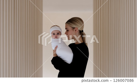 A blonde mother lovingly cradles her swaddled baby, creating a tender moment of maternal affection and warmth 126007086