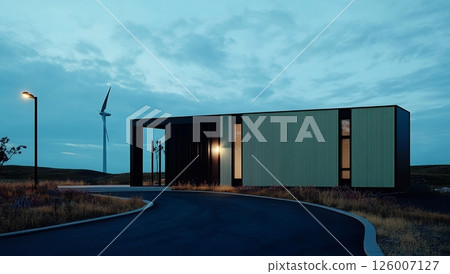 Modern eco-friendly house with wind turbine at dusk, showcasing sustainable design 126007127