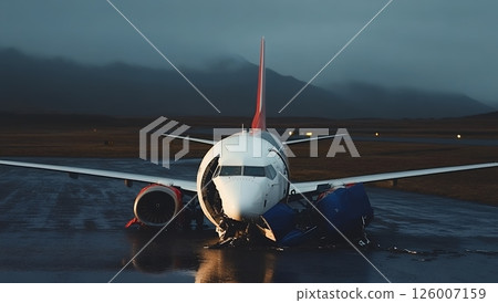 A damaged airplane sits on a runway after an accident, its nose cone severely impacted, the scene is somber under a cloudy sky 126007159