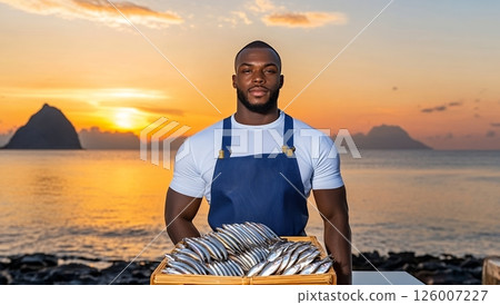 A strong chef proudly presents a basket of freshly caught fish against a vibrant sunset seascape 126007227