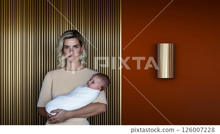 A serene mother tenderly holds her newborn baby wrapped in a soft muslin cloth, standing against a gold-toned wall 126007228