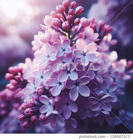 Lilac flowers, spring flower background. Selective focus at the central lilac flowers Lilac flowers, spring flower background. Selective focus at the central lilac flowers 126007323