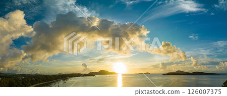 aerial view scenery golden sky in sunrise above Rawai beach 126007375