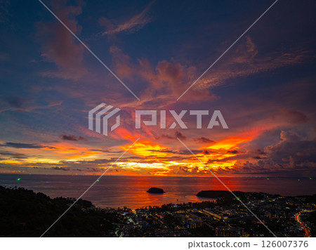 Aerial view of Colorful cloud in dramatic sky of sunset over the ocean 126007376
