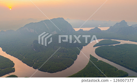 Aerial view of heart island at Mangrove canal in sunrise 126007377