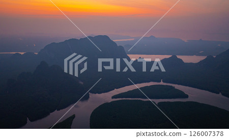 Aerial View of sweet sky above heart shape Island the mangrove canal Aerial View of sweet sky above heart shape Island the mangrove canal 126007378