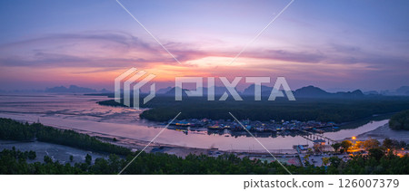 Aerial view of scenery sunset reflection at Bang Phat fishing village Aerial view of scenery sunset reflection at Bang Phat fishing village 126007379