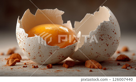 Cracked egg shell revealing golden yolk in a cozy kitchen setting 126007440
