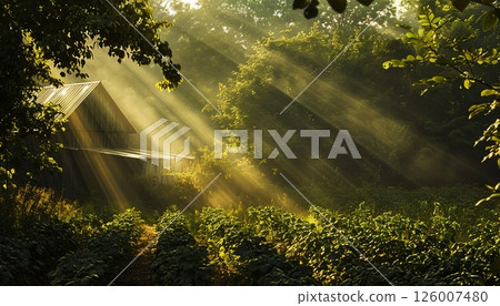 Natural product background with farm scenery and sunlight Natural product background with farm scenery and sunlight 126007480