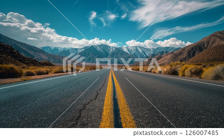 Vertical view of a road with stunning mountains under a blue sky in California 126007485