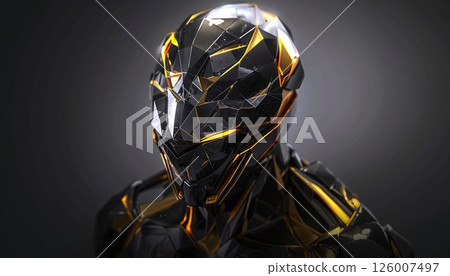 Robotic black and yellow suit against a dark backdrop 126007497