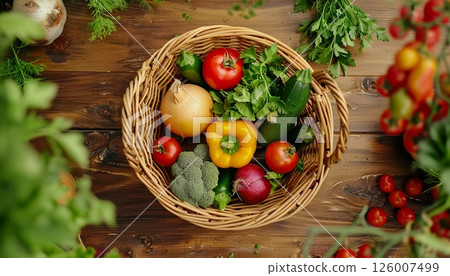 Fresh vegetables in a wicker basket, viewed from above on a wooden counter 126007499