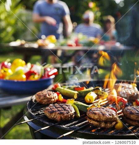 A lively summer barbecue with burgers and veggies on the grill, as family and friends gather to eat 126007510