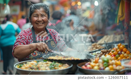 A smiling woman selling food at a lively marketplace 126007511
