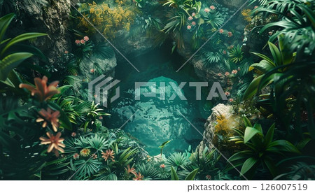 A concealed underwater cave entrance surrounded by lush plants 126007519