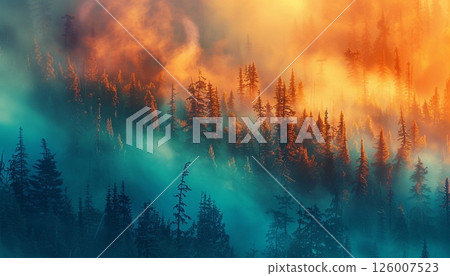 A mystical forest shrouded in fog, with glowing orange and blue nebulae creating a fantasy vibe 126007523