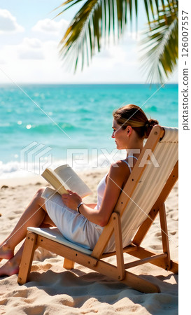 Relaxed woman enjoying a serene moment on the beach, sitting on a lounge chair reading a book. Gentle waves and palm leaves create a peaceful tropical ambiance Relaxed woman enjoying a serene moment on the beach, sitting on a lounge chair reading a book. Gentle waves and palm leaves create a peaceful tropical ambiance 126007557